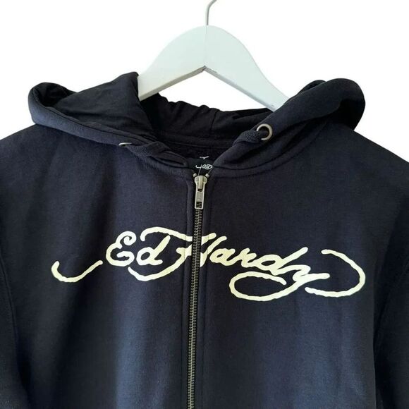 Ed Hardy Black Snake  Skull Logo Cropped Zip Up Hoodie Sweatshirt SZ S #2290 - Picture 3 of 14
